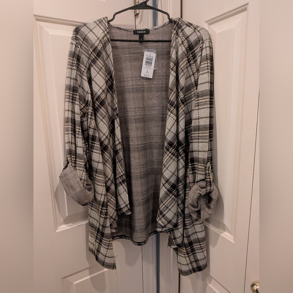 Torrid White Plaid Drape Front Jacket